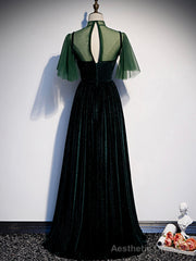 Green Velvet Long Prom Dress, Elegant A-Line Green Evening Dress