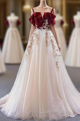 UniqueDressess Vintage Red Straps Tulle Formal Dresses, Elegant Applique Evening Prom Dresses