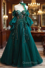 Vintage A Line Appliques Lace-Up A-Line Dark Green Tulle Evening Prom Dresses