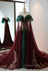 Vintage A Line High Neckline Tulle Burgundy Evening Prom Dresses