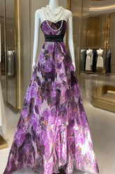 Vintage A Line Sleeveless Long Floral Chiffon Evening Dresses Evening Prom Dresses