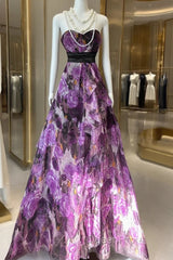 Vintage A Line Sleeveless Long Floral Chiffon Evening Dresses Evening Prom Dresses