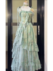 Vintage A Line Spaghetti Straps Green Floral Long Birthday Dresses Evening Prom Dresses Birthday Outfits