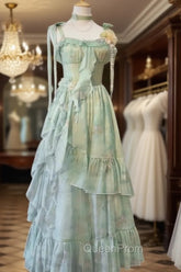 Vintage A Line Spaghetti Straps Green Floral Long Birthday Dresses Evening Prom Dresses Birthday Outfits