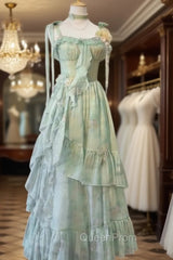 Vintage A Line Spaghetti Straps Green Floral Long Birthday Dresses Evening Prom Dresses Birthday Outfits