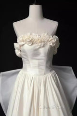 Vintage A Line Strapless Satin White Long Wedding Dresses Brides Dresses