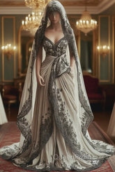 Vintage A-Line V-Neck Lace Appliqu Long Evening Prom Dresses With Veil Wedding Dresses