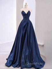 Vintage A-Line V Neck Satin Dark Blue Long Evening Prom Dresses, Blue Long Formal Dresses