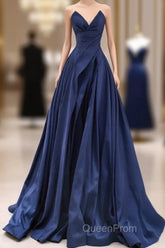 Vintage A-Line V Neck Satin Dark Blue Long Evening Prom Dresses, Blue Long Formal Dresses