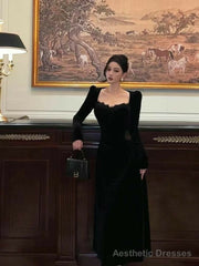 Vintage Balck Long Sleeve Dress Woman Elegant Fashion Velvet Prom Dresses