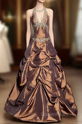 Vintage Ball Gown Halter Brown Sleeveless Long Evening Prom Gown Fairy Evening Prom Dresses