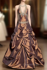 Vintage Ball Gown Halter Brown Sleeveless Long Evening Prom Gown Fairy Evening Prom Dresses