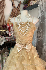 Vintage Ball Gown Spaghetti Straps Sleeveless Long Gold Evening Dresses Evening Prom Dresses