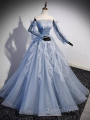 Vintage Ball Gown Strapless Satin Dusty Blue Tulle Long Evening Prom Dresses Formal Dresses