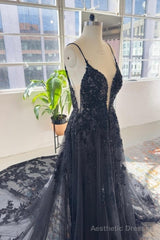 Vintage Black Spaghetti-Straps Sleeveless Long Lace Sequined Wedding Dresses Online