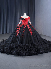 Vintage Black Tulle Long Sleeve Appliques Prom Dress