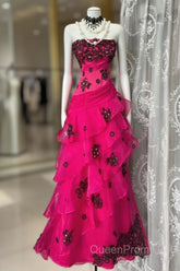 Vintage Fashion Mermaid Strapless Hot Pink Floor Length Evening Dresses Evening Prom Dresses