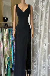 Vintage Fashion Sheath Straps Black Slit Floor Length Evening Dresses Evening Prom Dresses