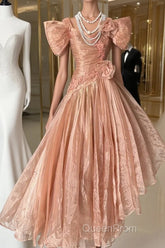 Vintage High Low Short Sleeves Flowers Evening Dresses Evening Prom Dresses