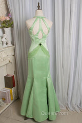 Vintage Light Green Mermaid Halter Satin Beaded Long Evening Prom Dresses