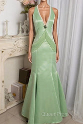 Vintage Light Green Mermaid Halter Satin Beaded Long Evening Prom Dresses
