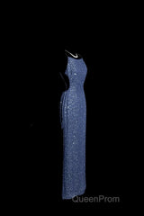 Vintage Mermaid Boat Neck Blue Sequin Backless Evening Prom Gown Fairy Evening Prom Dresses