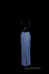 Vintage Mermaid Boat Neck Blue Sequin Backless Evening Prom Gown Fairy Evening Prom Dresses