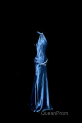 Vintage Mermaid Halter Neck Blue Satin Backless Evening Prom Gown Fairy Evening Prom Dresses