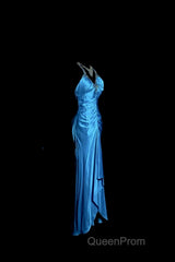 Vintage Mermaid Halter Neck Royal Blue Satin Backless Evening Prom Gown Fairy Evening Prom Dresses