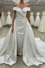 Vintage Mermaid Off Shoulder Wedding Dresses Satin Embroidery