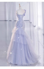 Vintage Mermaid One Shoulder Lilac Tulle Satin Long Evening Prom Dresses Party Dresses