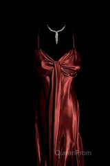 Vintage Mermaid Spaghetti Straps Satin Burgundy Evening Prom Gown Fairy Evening Prom Dresses