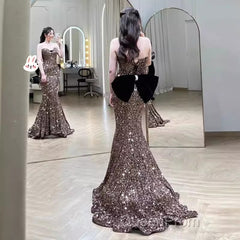 Vintage Mermaid Strapless Party Dresses Long Sequin Evening Prom Dresses