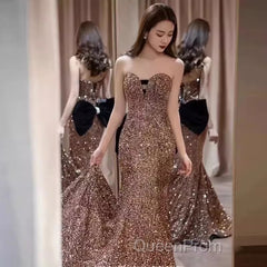 Vintage Mermaid Strapless Party Dresses Long Sequin Evening Prom Dresses