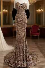 Vintage Mermaid Strapless Party Dresses Long Sequin Evening Prom Dresses