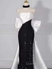 Vintage Mermaid Strapless Sequin Black Long Evening Prom Dresses Formal Dresses