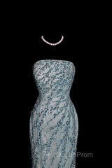 Vintage Mermaid Strapless Tulle Blue Beads Long Evening Prom Gown Fairy Evening Prom Dresses