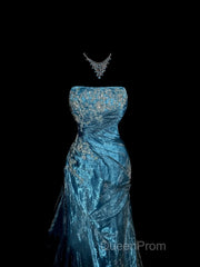 Vintage Mermaid Strapless Tulle Blue Long Evening Prom Gown Fairy Evening Prom Dresses