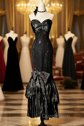 Vintage Mermaid Sweetheart Black Sequin Long Evening Prom Gown Fairy Evening Prom Dresses