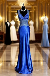 Vintage Mermaid Sweetheart Neckline Royal Blue Satin Backless Evening Prom Gown Fairy Evening Prom Dresses