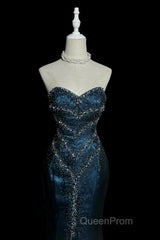 Vintage Mermaid Sweetheart Sleeveless Long Blue Slit Evening Prom Gown Fairy Evening Prom Dresses