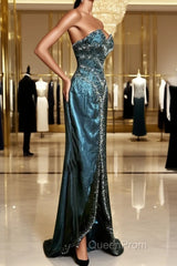 Vintage Mermaid Sweetheart Sleeveless Long Blue Slit Evening Prom Gown Fairy Evening Prom Dresses