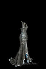 Vintage Mermaid V Neckline Gray Sequin Long Evening Prom Gown Fairy Evening Prom Dresses