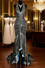 Vintage Mermaid V Neckline Gray Sequin Long Evening Prom Gown Fairy Evening Prom Dresses