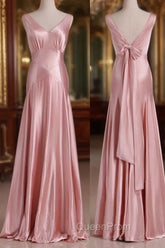 Vintage Mermaid V Neckline Pink Satin Long Evening Prom Dresses Party Evening Dresses
