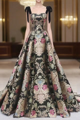 Vintage Satin Straps Floral Long Formal Evening Long Dresses Evening Prom Dresses