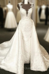 Vintage Scoop Neck Sweep Train Satin Mermaid Wedding Dresses Lace Embroidery