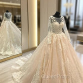 Vintage Scoop Neckline Long Sleeves Champagne Wedding Ball Gown Dresses Lace Appliques
