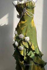 Vintage Sheath Irregular Ruffled Spaghetti Straps WomenS Green Birthday Party Dresses