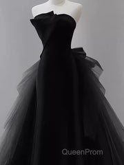 Vintage Sheath Strapless Satin Black Tulle Long Evening Prom Dresses Formal Dresses